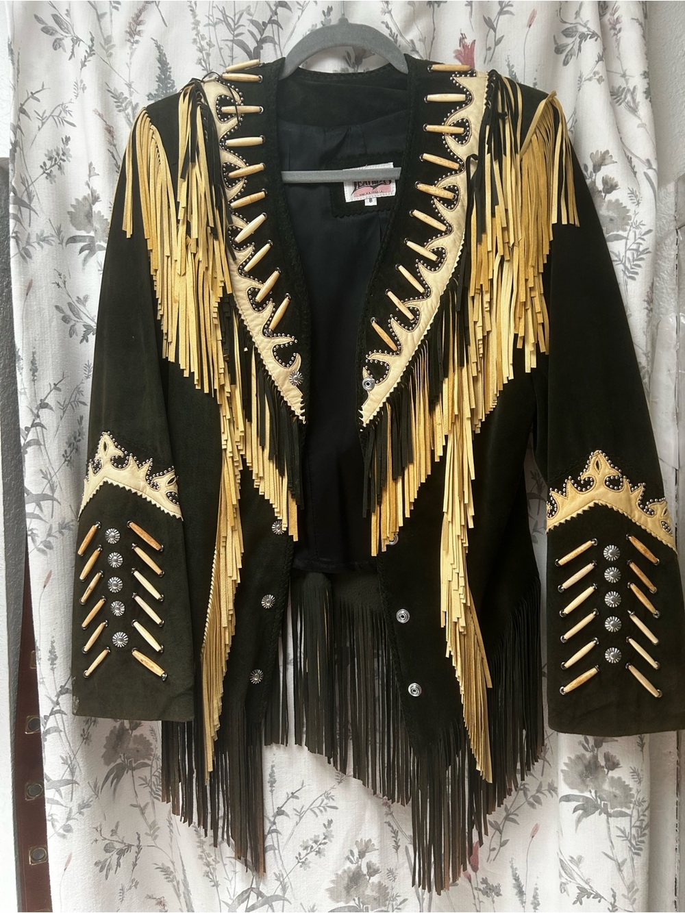 Black Suede Fringe Jacket with Tan Embellished Yoke